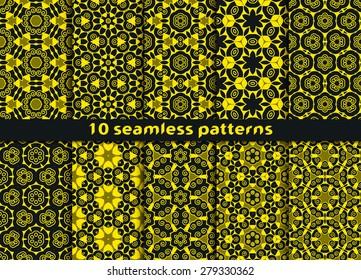 Set of stylish vintage seamless patterns. Ten luxurious complicated ornaments with Swatch for filling.