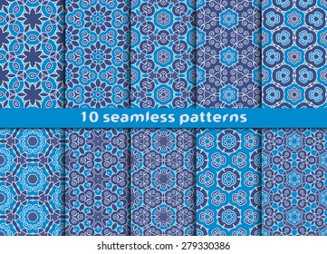 Set of stylish vintage seamless patterns. Ten luxurious complicated ornaments with Swatch for filling.