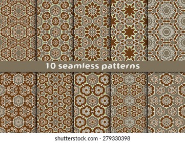 Set of stylish vintage seamless patterns. Ten luxurious complicated ornaments with Swatch for filling.