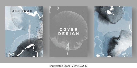 A set of stylish watercolor abstract covers in pale blue and gray tones. Watercolor background, wallpaper, postcard.