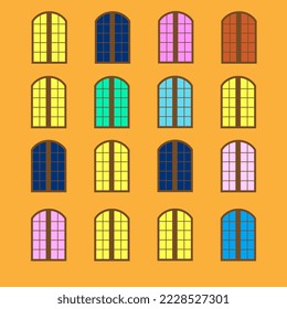 Set of stylish windows with different lighting and wooden frame