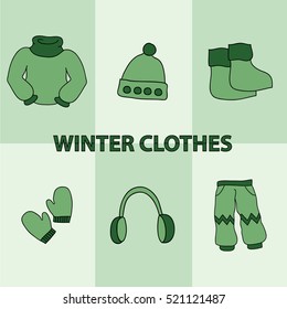 set of stylish winter apparel / clothes in cold weather. clothes for winter and autumn. vector illustration