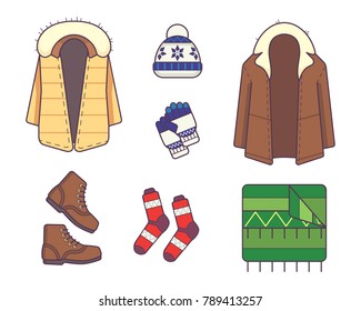 set of stylish winter clothes and accessories. Style and fashion concept. Outerwear seasonal line art fashion illustration