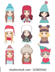 Set of stylish women characters in winter hats made of different materials. Girl santa, elf vector illustration.