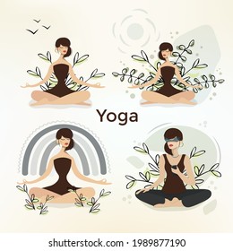 Set of stylish women doing yoga. Lovely girls in the lotus position meditate in nature. Yoga practice, peace of mind and balance, energy recovery, unity with nature, healthy lifestyle. Vector. Flat.