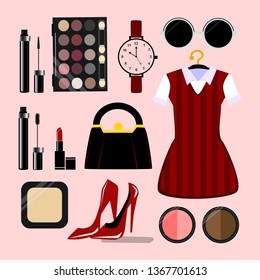 Set of stylish women's accessories. Fashion and style. Collection of cosmetics.