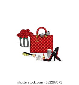 Set of stylish women's accessories. Vector illustration for a card or poster. Print on clothes. Fashion & Style.