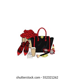 Set of stylish women's accessories. Vector illustration for a card or poster. Print on clothes. Fashion & Style.