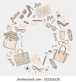 Set of stylish women's accessories. Vector illustration for a card or poster. Print on clothes. Fashion & Style.