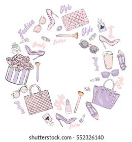 Set of stylish women's accessories. Vector illustration for a card or poster. Print on clothes. Fashion & Style.