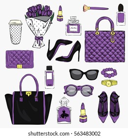 Set of stylish women's accessories. Vector illustration for a card or poster. Print on clothes. Fashion & Style.