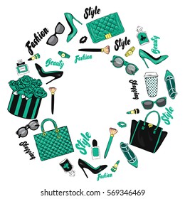 Set of stylish women's accessories. Vector illustration for a card or poster. Print on clothes. Fashion & Style.