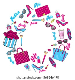 Set of stylish women's accessories. Vector illustration for a card or poster. Print on clothes. Fashion & Style.