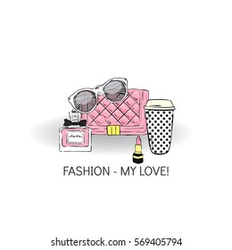Set of stylish women's accessories. Vector illustration for a card or poster. Print on clothes. Fashion & Style.