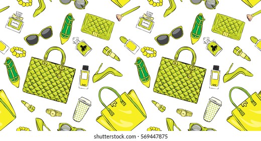Set of stylish women's accessories. Vector illustration for a card or poster. Print on clothes. Fashion & Style. Background.