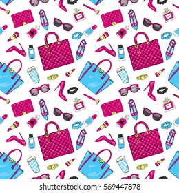Set of stylish women's accessories. Vector illustration for a card or poster. Print on clothes. Fashion & Style. Background.