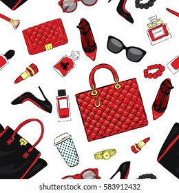 Set Of Stylish Women's Accessories. Vector Illustration For A Card Or Poster. Print On Clothes. Fashion & Style. Background.