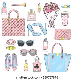 Set of stylish women's accessories. Vector illustration for a card or poster. Print on clothes. Fashion & Style.