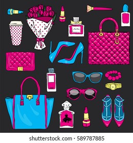 Set of stylish women's accessories. Vector illustration for a card or poster. Print on clothes. Fashion & Style.