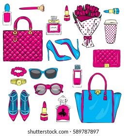 Set of stylish women's accessories. Vector illustration for a card or poster. Print on clothes. Fashion & Style.