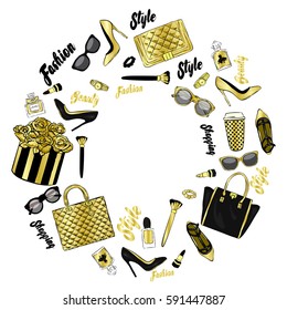 Set of stylish women's accessories. Vector illustration for a card or poster. Print on clothes. Fashion & Style.