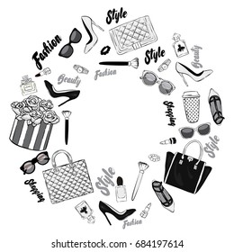 Conjunto de accesorios elegantes para mujeres. Ilustración vectorial de una tarjeta o afiche. Imprimir en ropa. Moda 