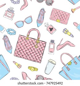 Set of stylish women's accessories. Vector illustration for a card or poster. Print on clothes. Fashion & Style. Background.