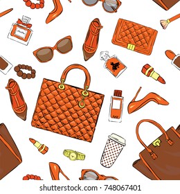Set of stylish women's accessories. Vector illustration for a card or poster. Print on clothes. Fashion & Style. Background.
