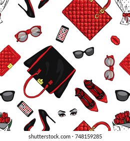 Set of stylish women's accessories. Vector illustration for a card or poster. Print on clothes. Fashion & Style. Background.