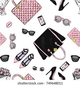 Set of stylish women's accessories. Vector illustration for a card or poster. Print on clothes. Fashion & Style. Background.