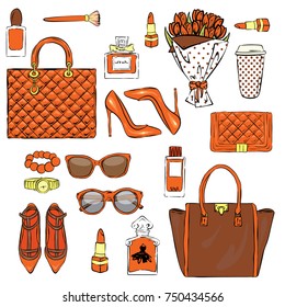 Set of stylish women's accessories. Vector illustration for a card or poster. Print on clothes. Fashion & Style.