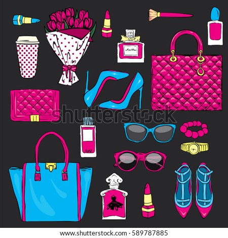 Set of stylish women's accessories. Vector illustration for a card or poster. Print on clothes. Fashion & Style.