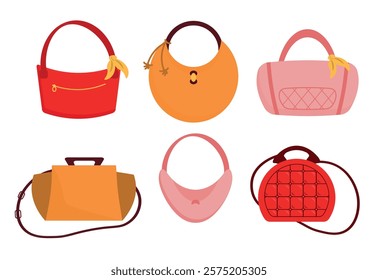 Set of stylish women's bags in cartoon style. Vector illustration of fashionable red, orange, pink bags with straps, handles, clasps, key chain, tied with scarves isolated on white background.