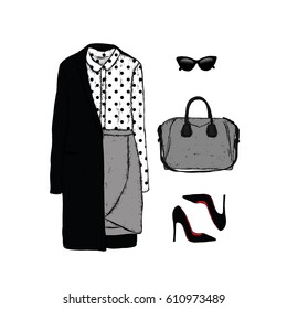 A set of stylish women's clothes .. A coat, a blouse, a skirt, shoes, bags and glasses. Vector illustration. Fashion & Style.