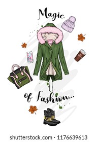 A set of stylish women's clothing and accessories. Jacket, coat, shoes, bag, shoes, hat, glass of coffee and perfume. Autumn, winter and spring. Fashion & Style. Vector illustration.