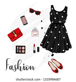 A set of stylish women's clothing. Fashionable look. Dress, shoes, backpack and makeup. Vector illustration for a postcard or a poster, print for clothes.