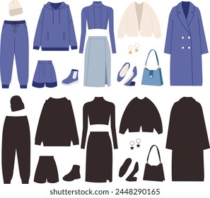 set of stylish women's clothing in flat style set on white background vector