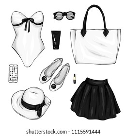 A set of stylish women's clothing. Skirt, swimsuit, bag, glasses, tube of cream, lipstick and hat. Clothing and accessories, fashion and style, vintage and retro. Vector illustration.