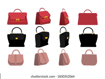 Set of stylish women's handbags in flat design. Front, side, back, 3-4 view character. Vector illustration