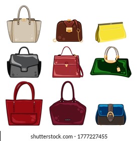 Set of stylish women's handbags - tote, shopper, hobo, bucket, satchel and pouch bags. Leather bag with handle isolate. Set with different bags.