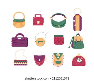 Set of stylish women's handbags - tote, shopper, hobo, bucket, satchel and pouch bags. Trendy leather accessories of different types isolated on white background. Set of womens cartoon bags isolated
