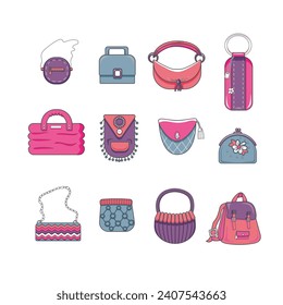 Set of stylish women's handbags - tote, shopper, hobo, bucket, satchel and pouch bags. Trendy leather accessories of different types isolated on white background. Set of womens cartoon bags isolated o