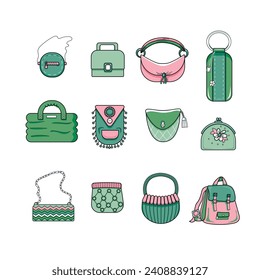 Set of stylish women's handbags - tote, shopper, hobo, bucket, satchel and pouch bags. Trendy leather accessories of different types isolated on white background. Set of womens cartoon bags isolated o