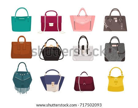 Set of stylish women's handbags - tote, shopper, hobo, bucket, satchel and pouch bags. Trendy leather accessories of different types isolated on white background. Colorful vector illustration.