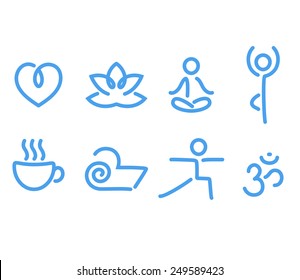 set of stylish yoga themed icons on white background