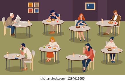 Conjunto de estiloso joven empresario, figuras sentadas en mesa de comida rápida. Situación del estilo de vida de la gente plana comida rápida café concepto de la comida de restaurante. Colección humana creativa. Estilo vectorial plano.