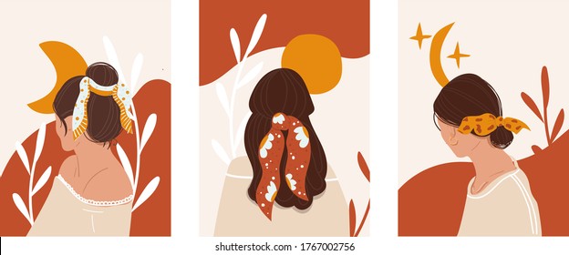 Set of stylish young girls, screensavers for the site. The concept of a Barber shop, a beauty salon. Stylish girl. Cards, postcards of fashion. Beauty sphere. Flat illustration. Vector.