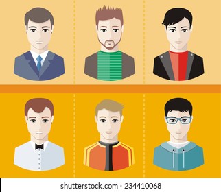 Set of stylish young man avatars or userpics different profession and lifestyle in flat design