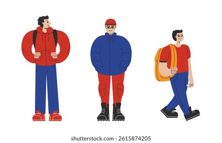 Set of stylish young men. Male characters in linear flat style.
