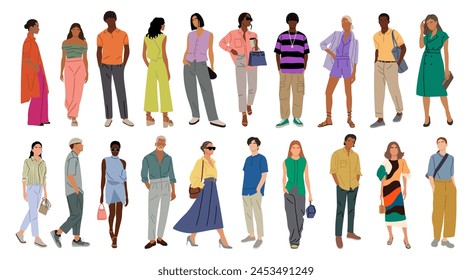 Set of stylish young men and women wearing summer street fashion outfit. Different business people in smart casual office clothes. Vector realistic illustrations isolated on white background.